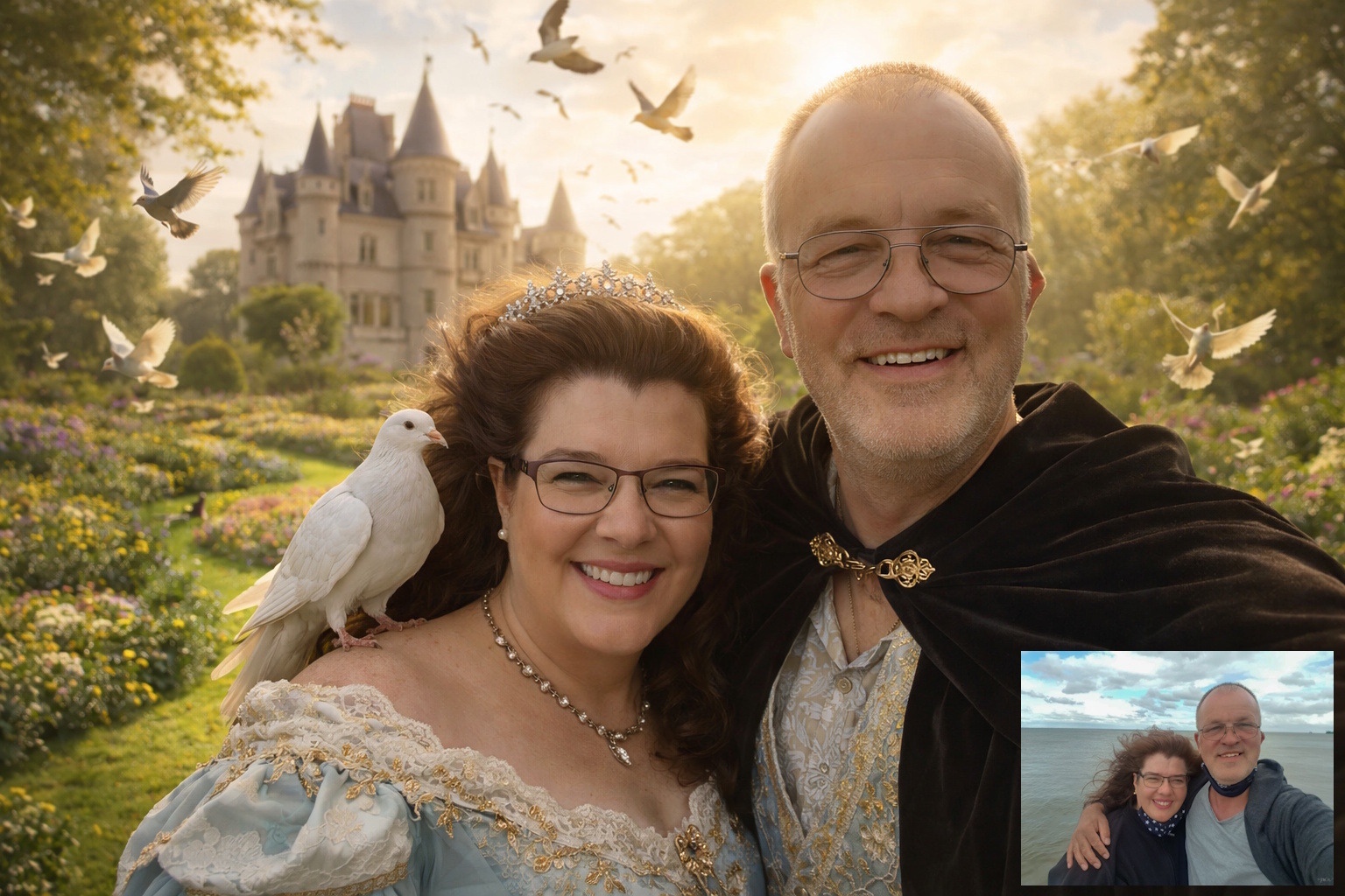 Wir als Königspaar mit Schloss und Tauben