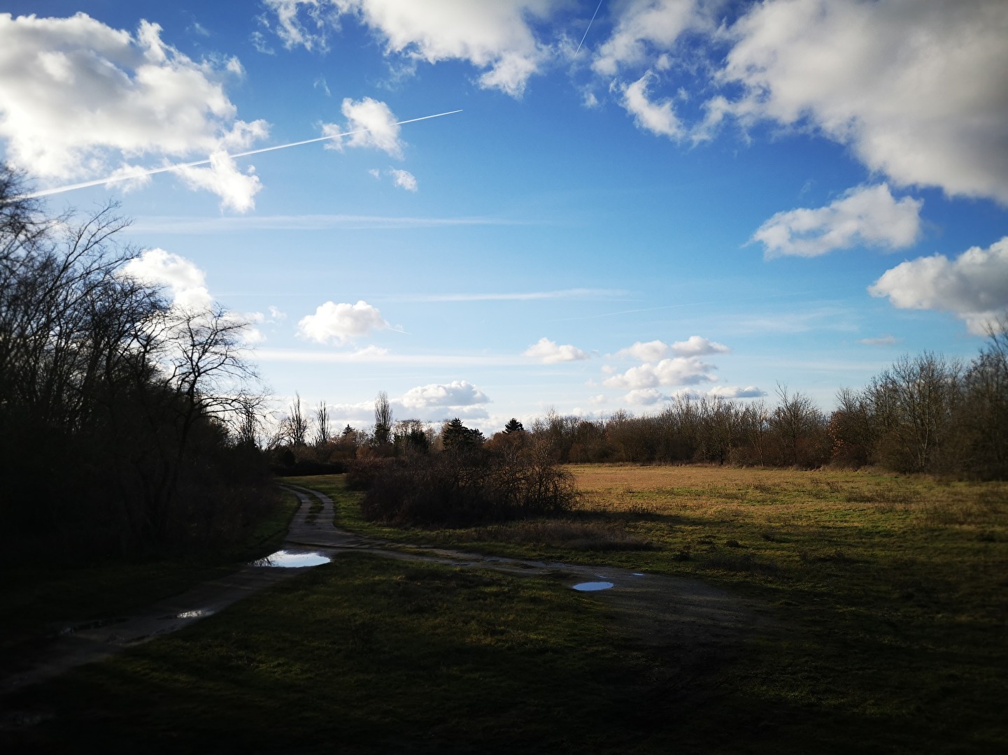 blauer Himmel, Wolken und Pfützen