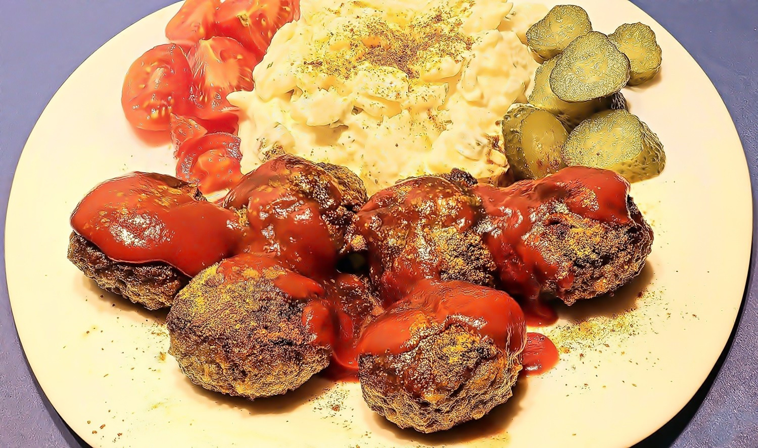 Currybouletten  - mit Kartoffelsalat  -  Tomatenstückchen  -  und Delikatessgurkenscheiben