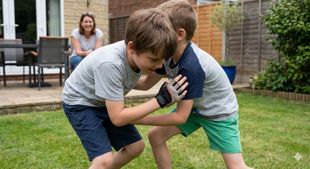 Kinder im Garten beim Raufen