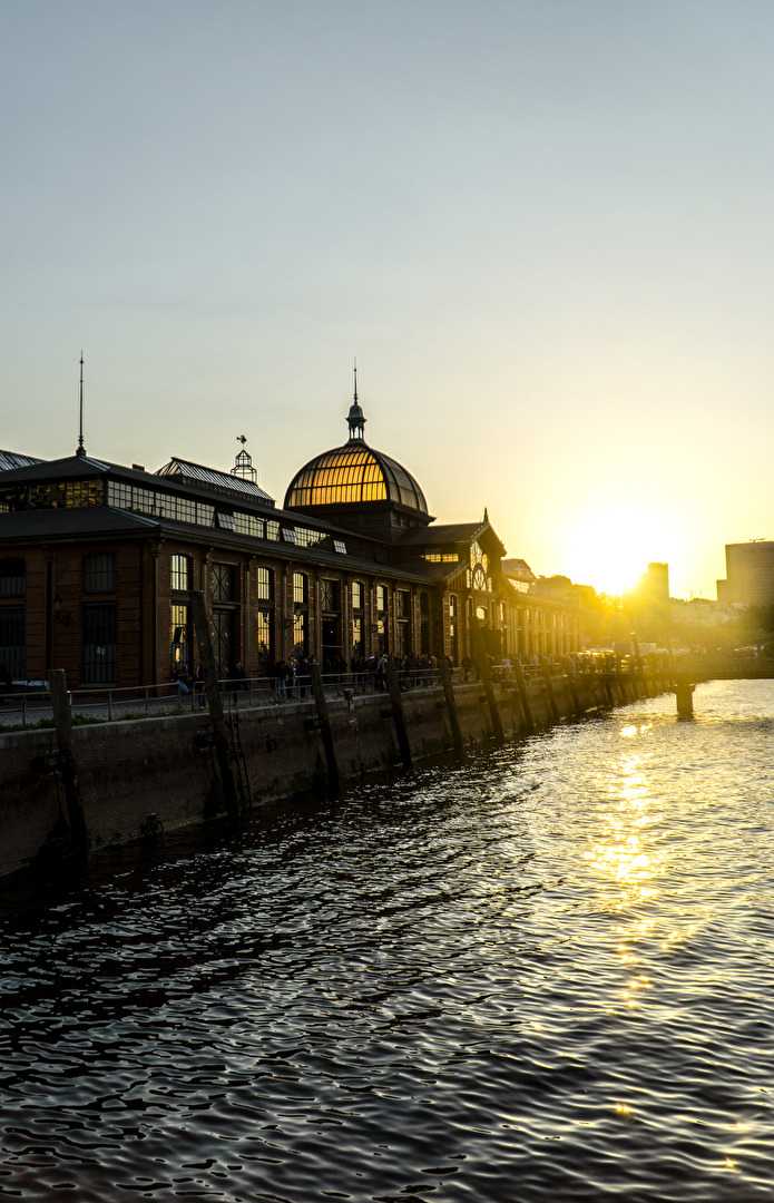 Sonnenaufgang über der Fischauktionshalle in Hamburg