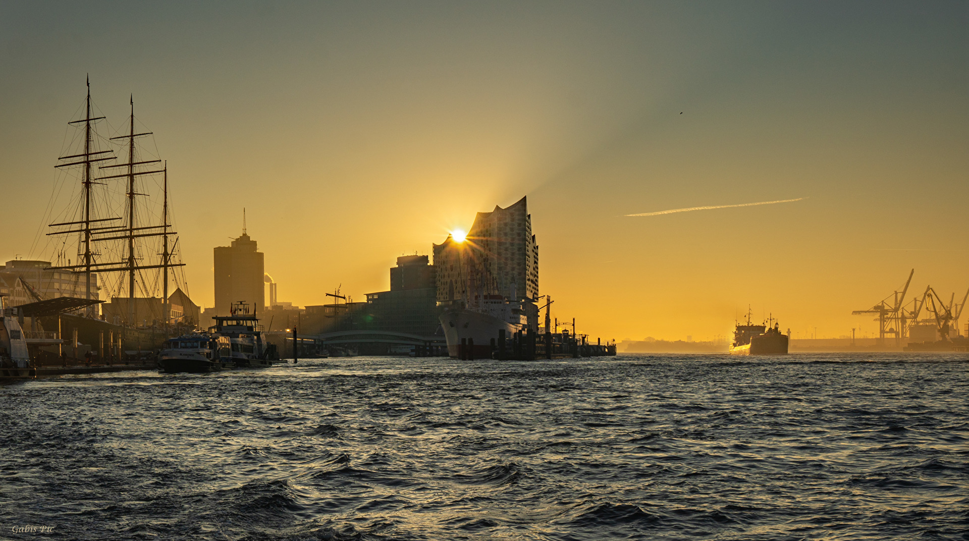 Morgensonne hinter der "Elphi" im Hafen