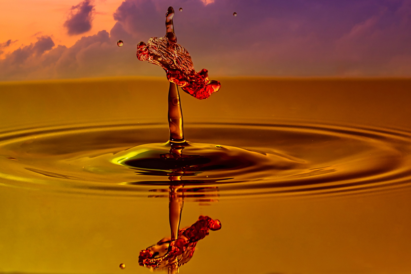 Wassertropfen Kollision im Sonnenuntergang
