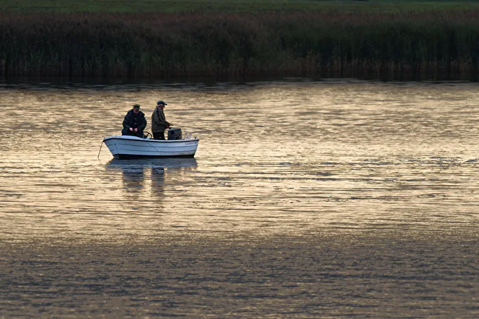 Angler im goldenen Bodden am frühen Morgen