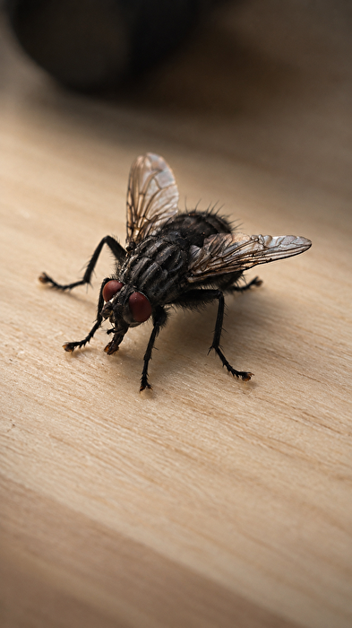 Makroaufnahme einer Stubenfliege auf Holzoberfläche