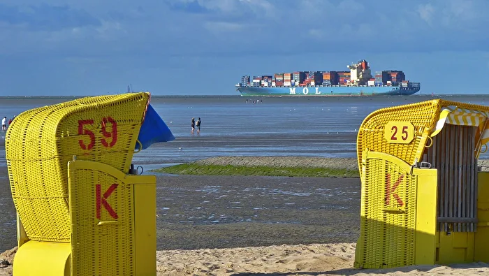 Container ship in the Weser estuary